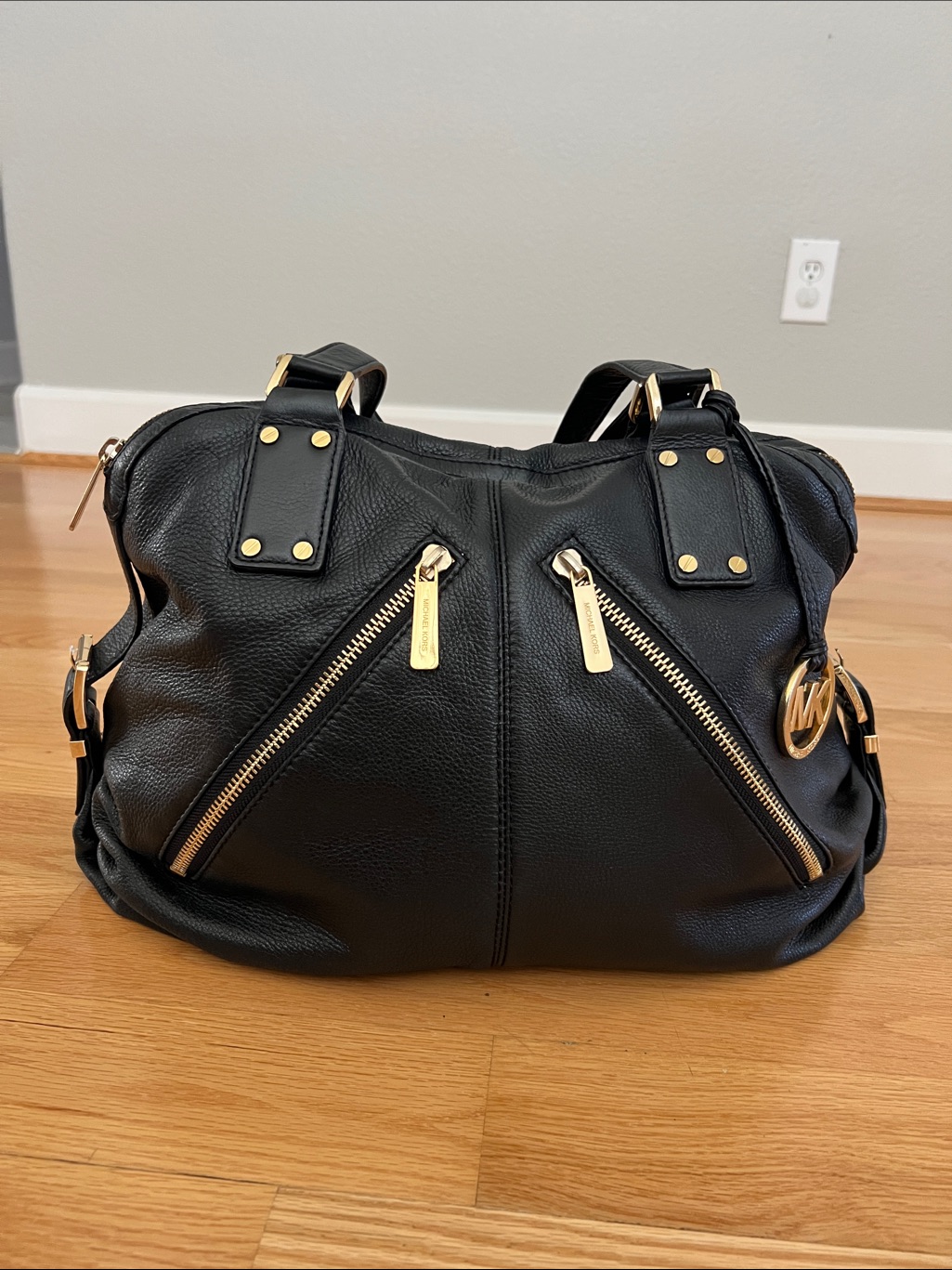 Michael Kors Black Leather Shoulder Satchel With Gold Accents